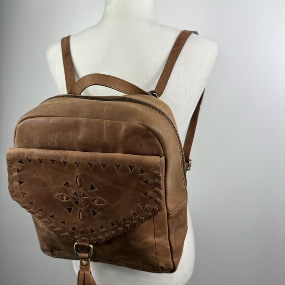 BORN Brown Leather Backpack Bag Distressed Bohemian Laser Cut Fringe Festival - Picture 15 of 16